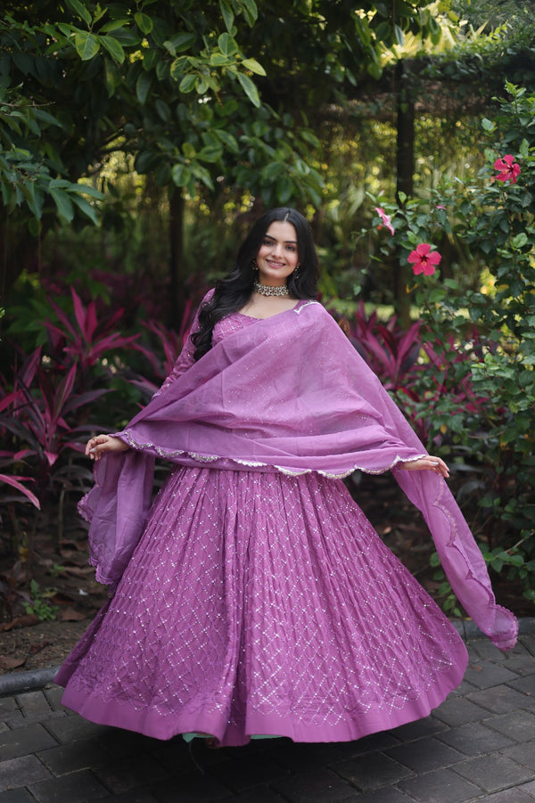 Fantastic Dusty Pink Color Sequence Embroidered Work Gown