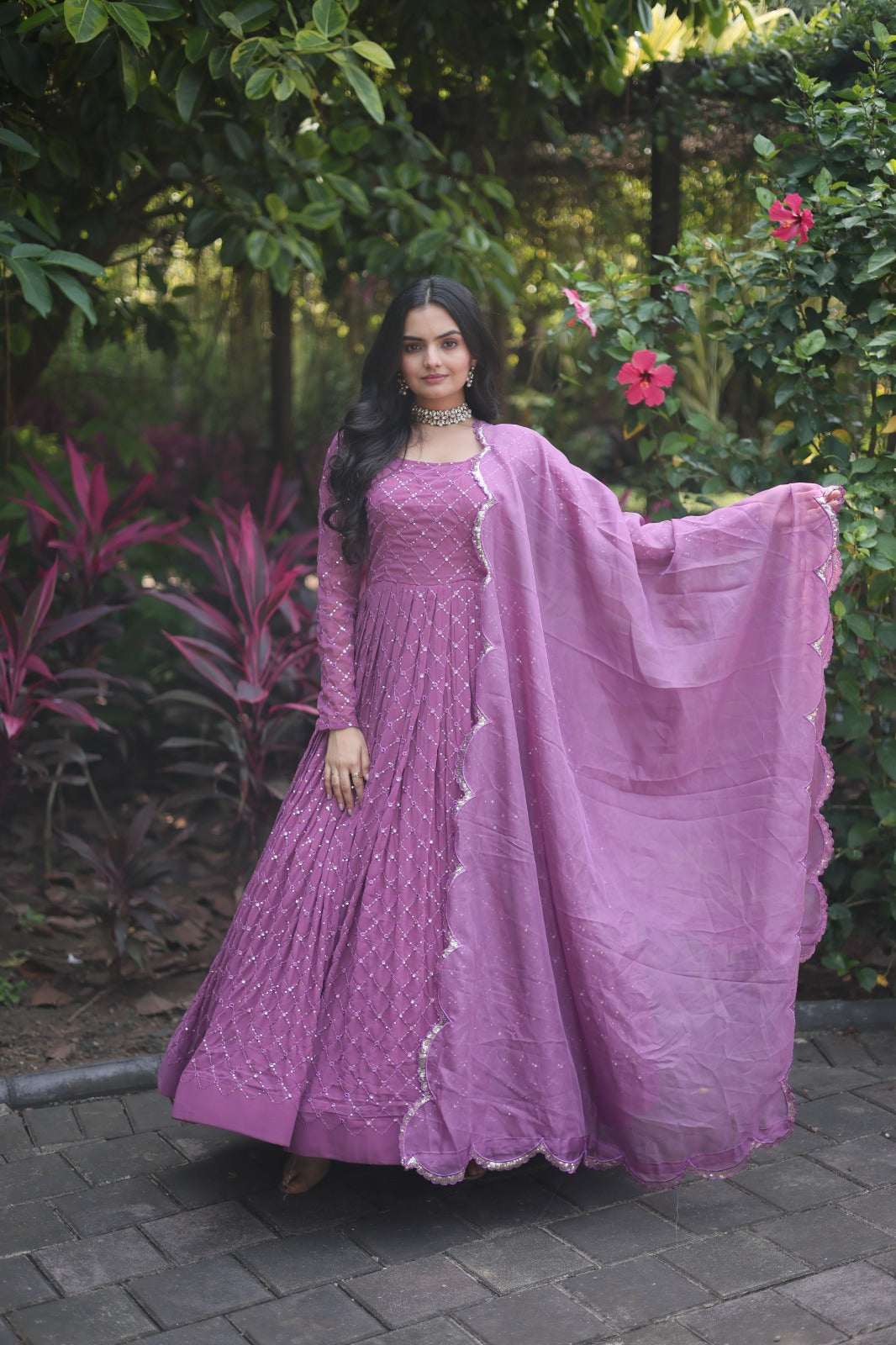 Fantastic Dusty Pink Color Sequence Embroidered Work Gown