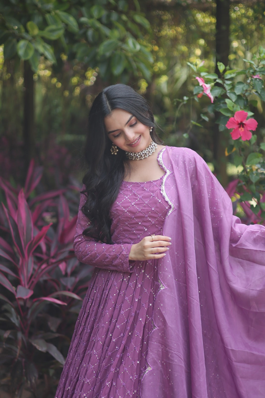 Fantastic Dusty Pink Color Sequence Embroidered Work Gown