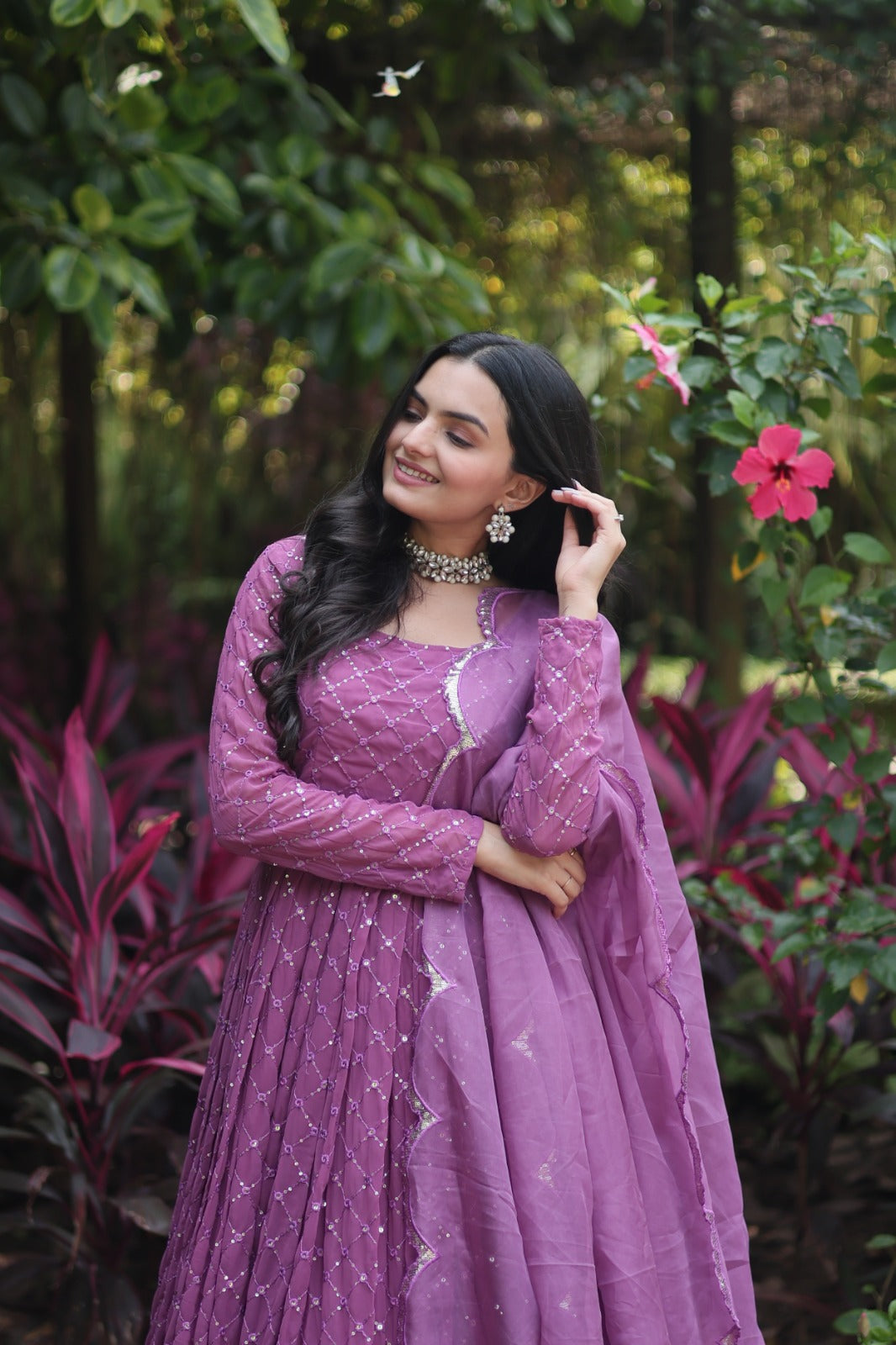 Fantastic Dusty Pink Color Sequence Embroidered Work Gown