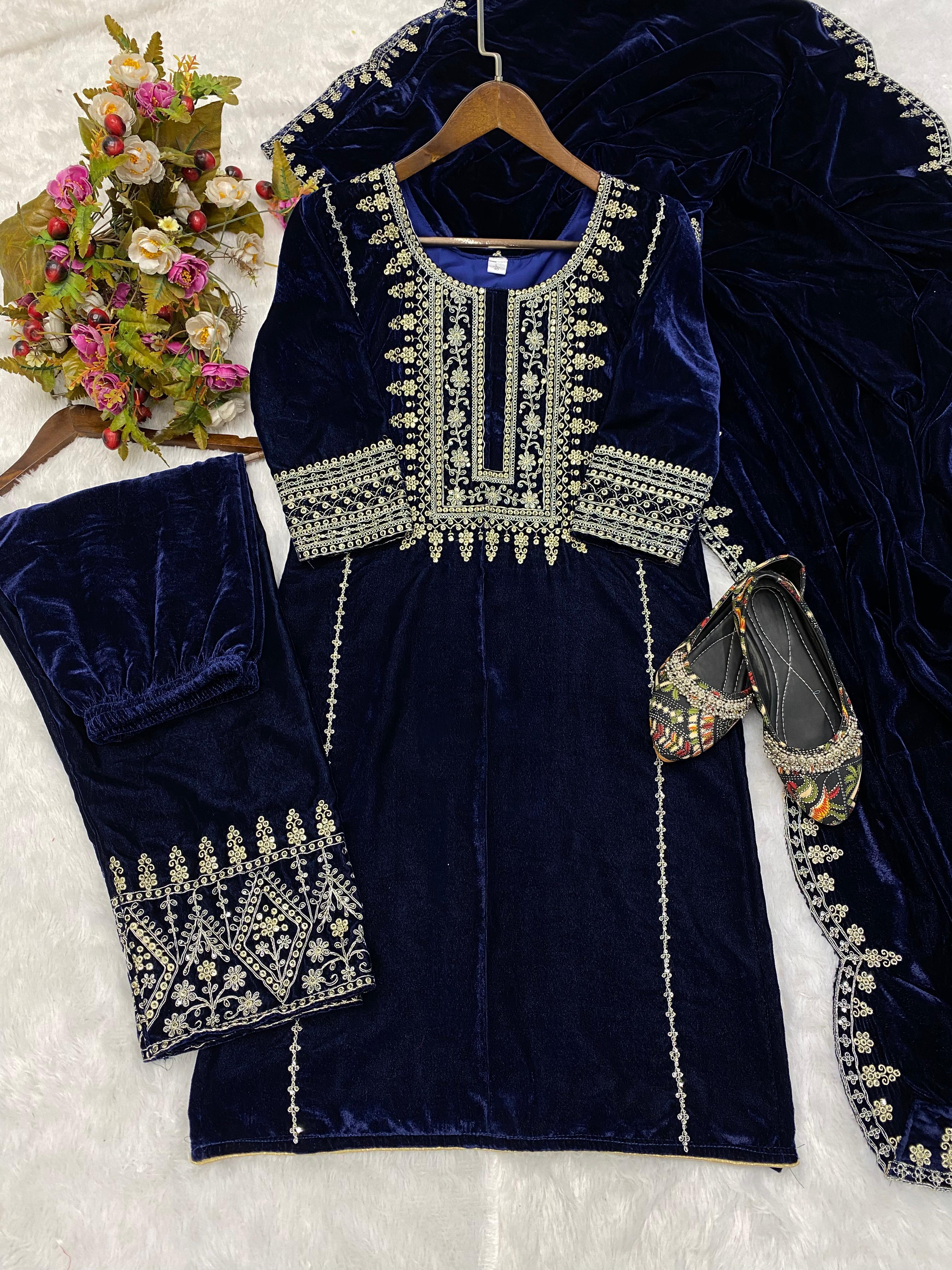 Terrific Sequence Work Velvet Navy Blue Salwar Suit