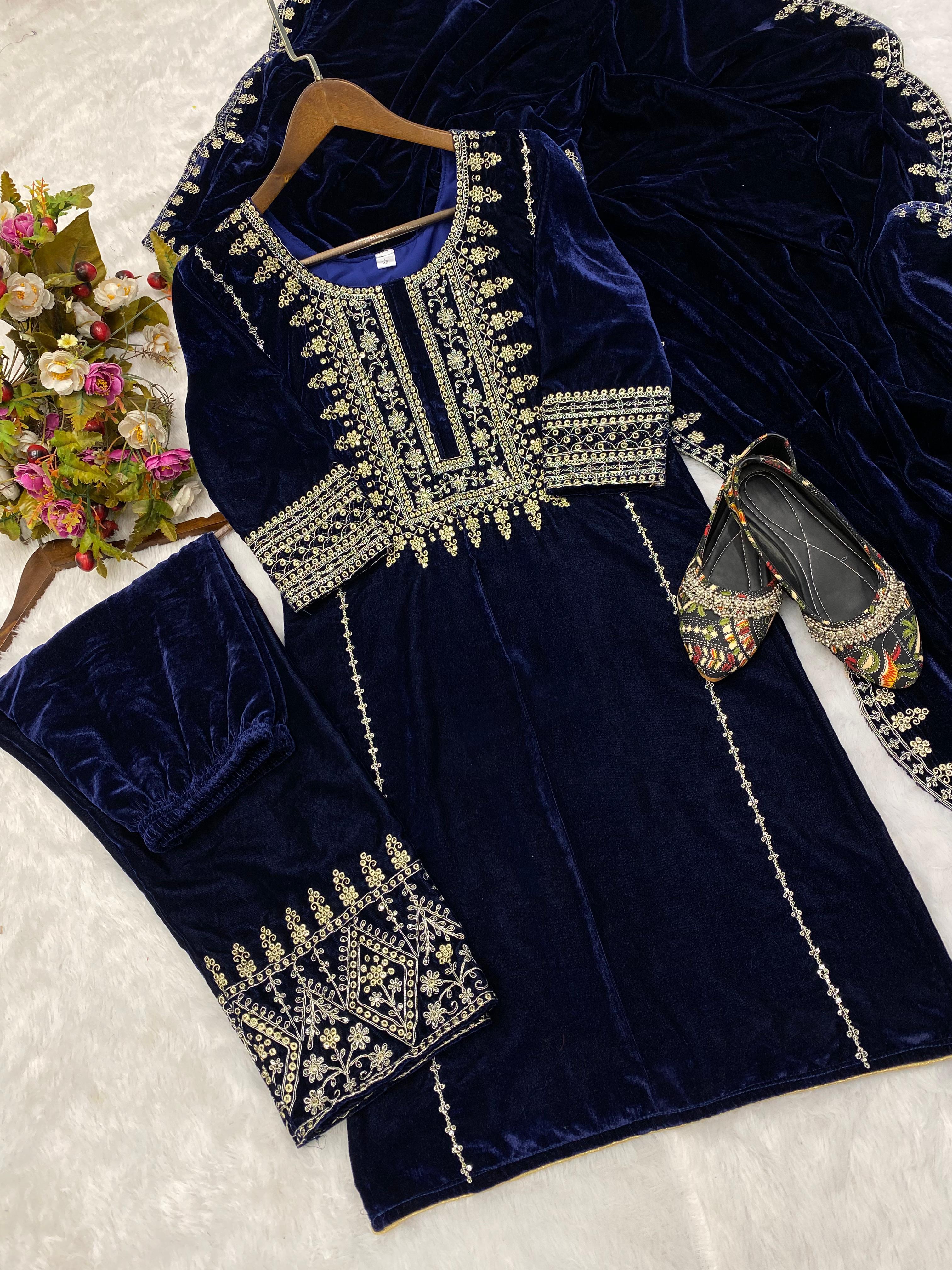 Terrific Sequence Work Velvet Navy Blue Salwar Suit