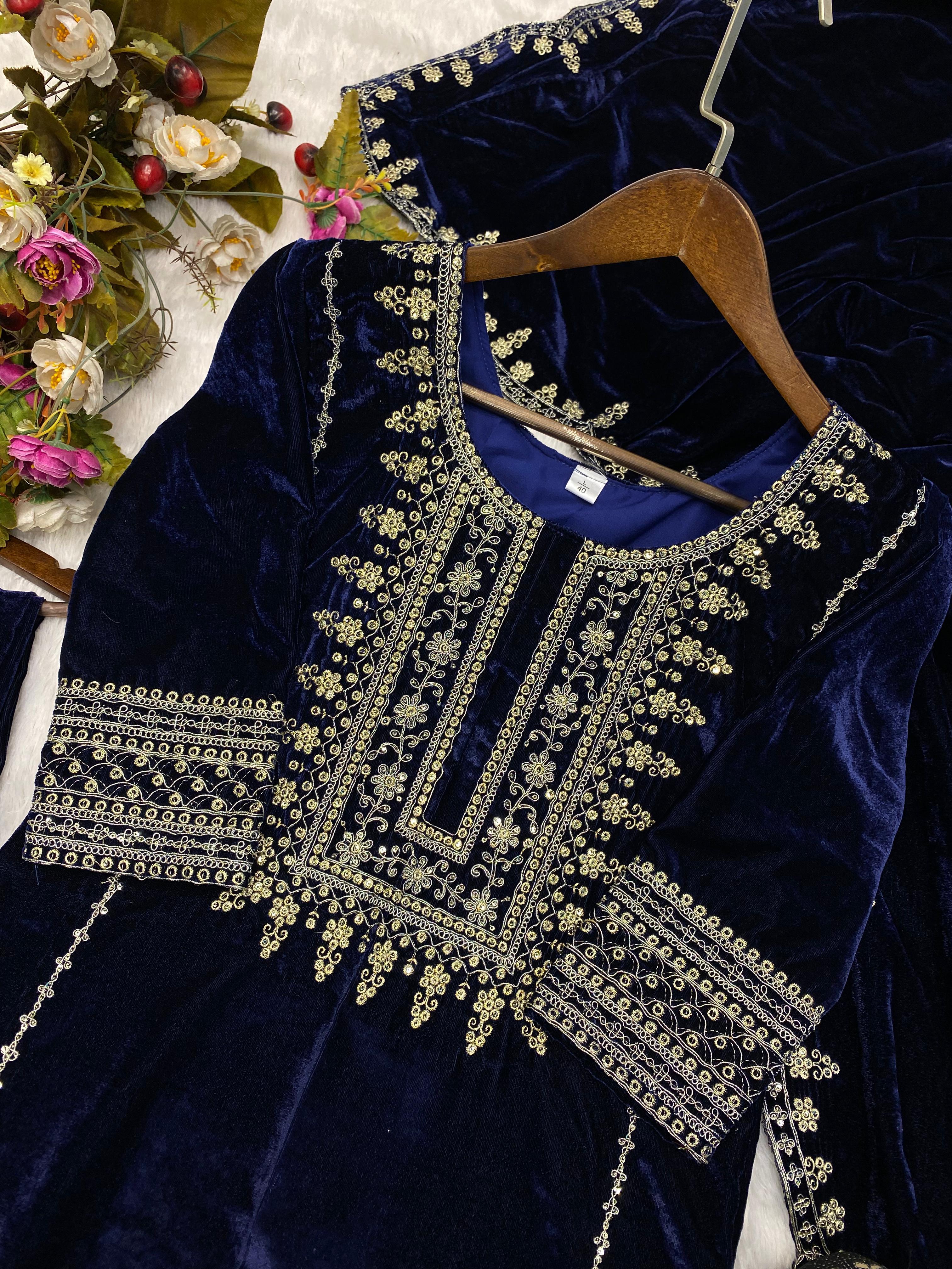 Terrific Sequence Work Velvet Navy Blue Salwar Suit