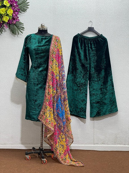 Plain Velvet Green Suit With Print Work Dupatta