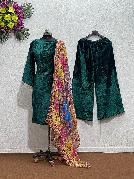 Plain Velvet Green Suit With Print Work Dupatta