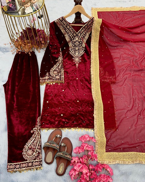 Wedding Wear Embroidery Work Maroon Color Velvet Suit