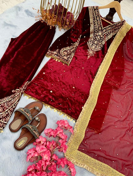 Wedding Wear Embroidery Work Maroon Color Velvet Suit