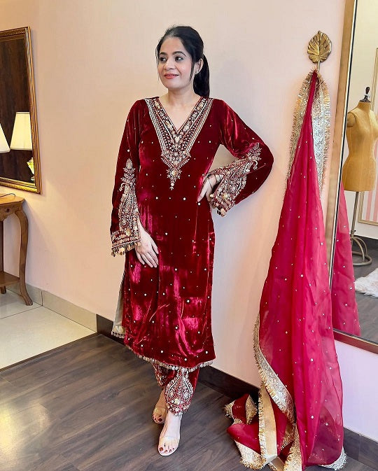 Wedding Wear Embroidery Work Maroon Color Velvet Suit