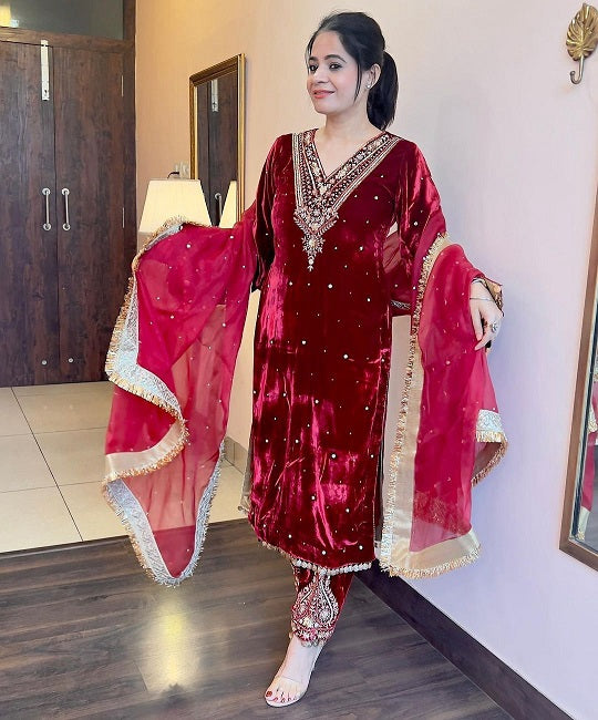 Wedding Wear Embroidery Work Maroon Color Velvet Suit