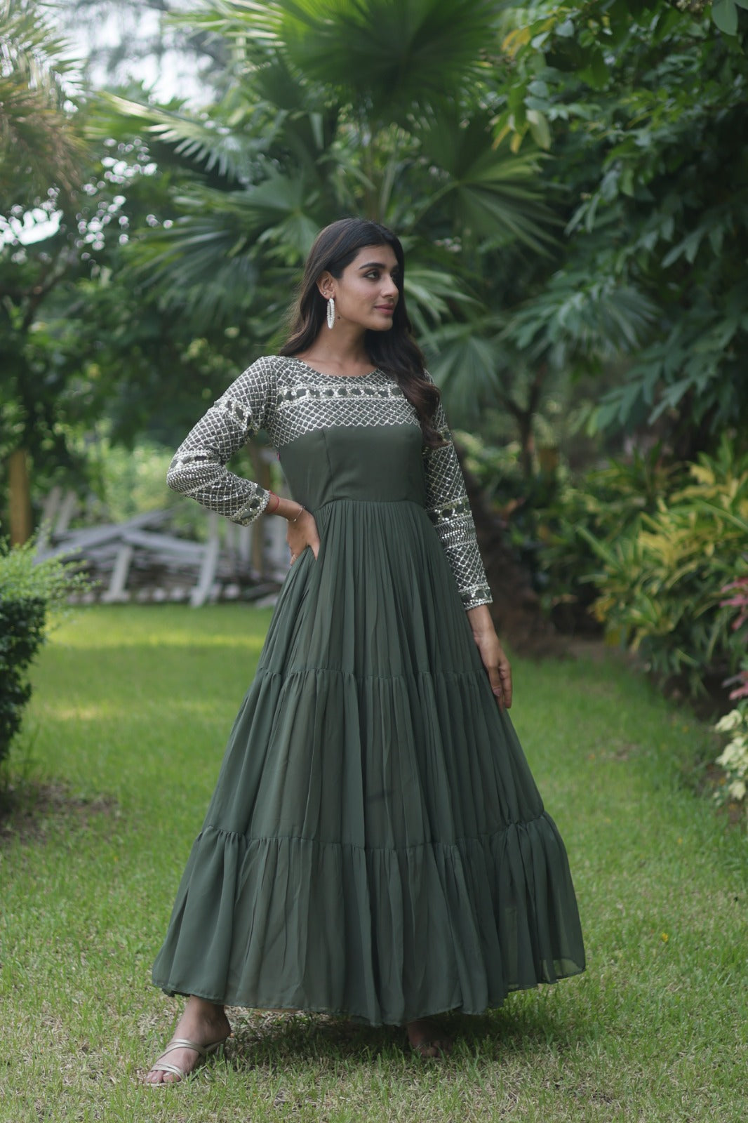 Decent Zari Thread Work Mehendi Green Color Gown – Vastra Shop