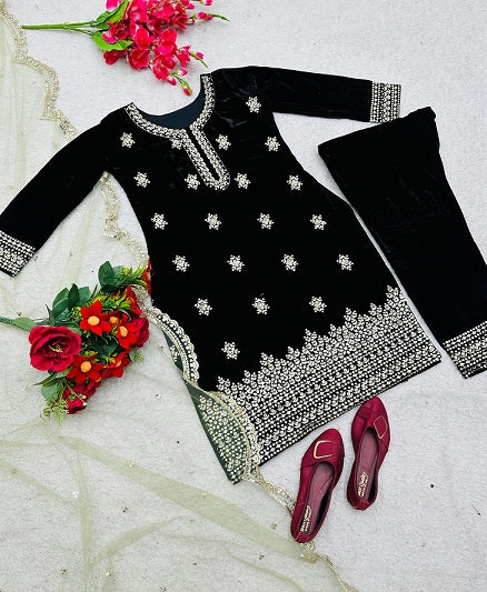 Innovative Black Color Velvet Palazzo Suit