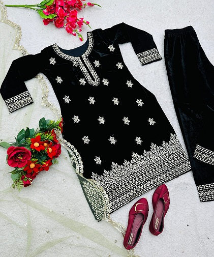 Innovative Black Color Velvet Palazzo Suit