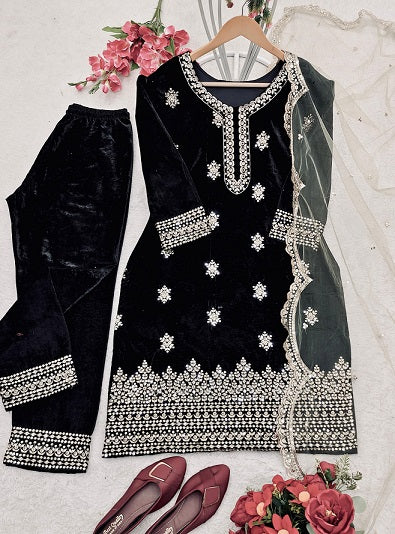 Innovative Black Color Velvet Palazzo Suit