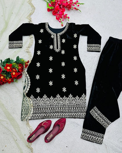 Innovative Black Color Velvet Palazzo Suit