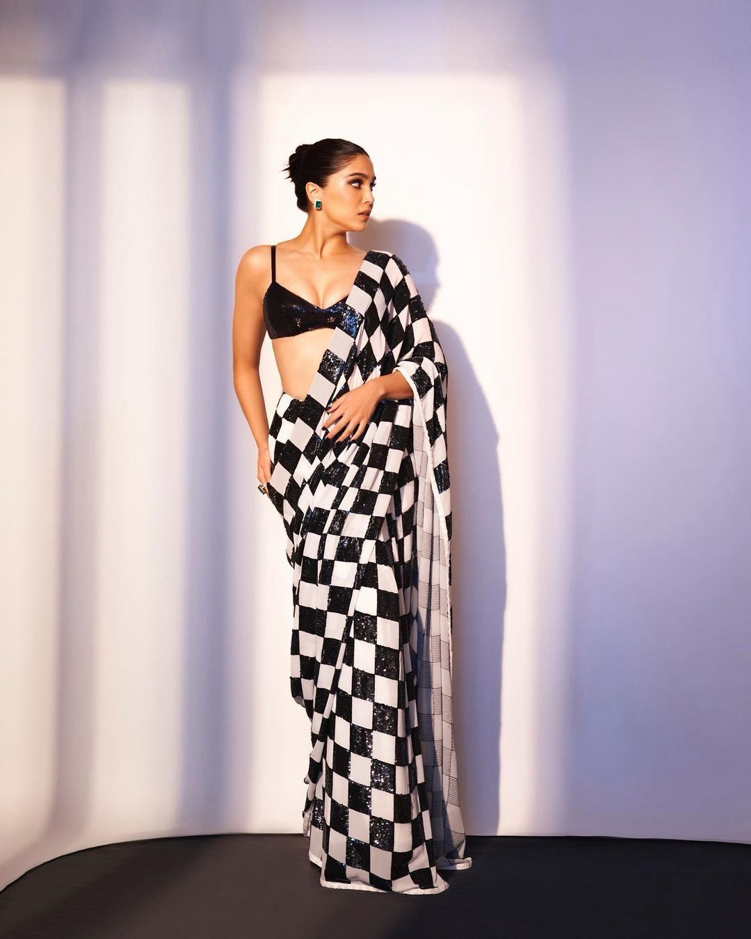 Celebrity Style Black And White  Sequence Work Saree