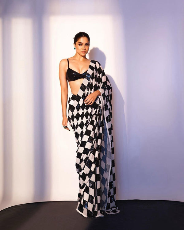 Celebrity Style Black And White  Sequence Work Saree