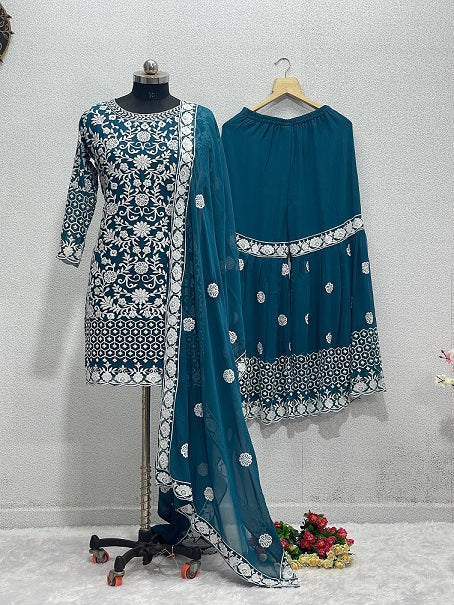 Opulent Teal Blue Color Embroidery Peral Work Sharara Suit