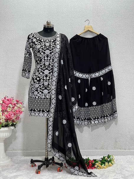 Opulent Black Color Embroidery Peral Work Sharara Suit