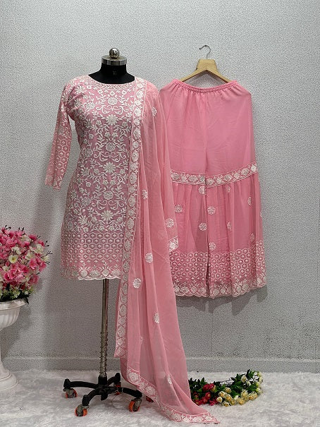 Opulent Light Pink Color Embroidery Peral Work Sharara Suit