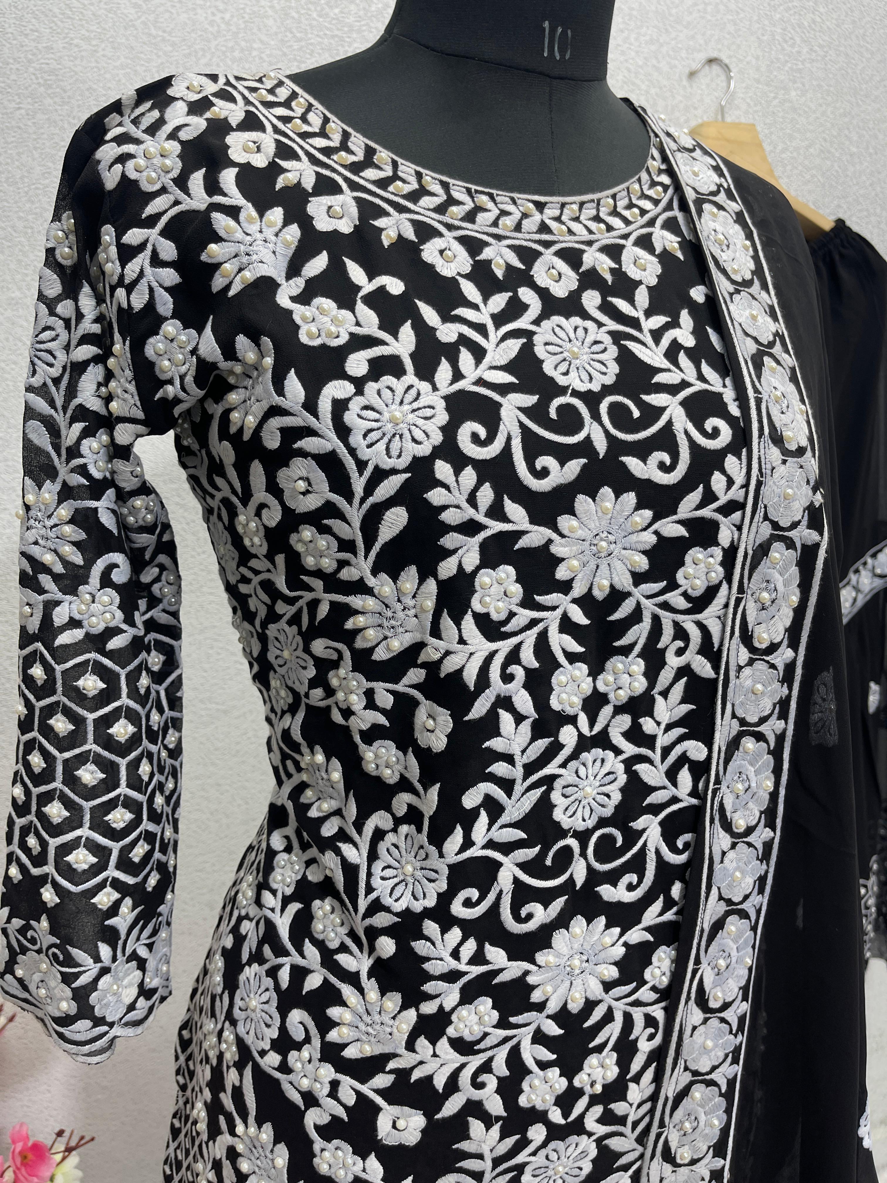 Opulent Black Color Embroidery Peral Work Sharara Suit