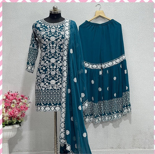 Opulent Teal Blue Color Embroidery Peral Work Sharara Suit