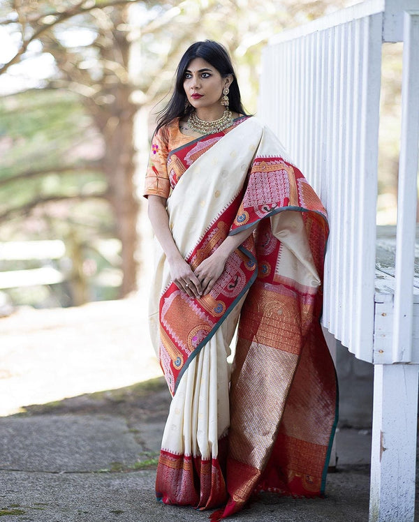 Function Wear Beautiful Jacquard Border White Saree