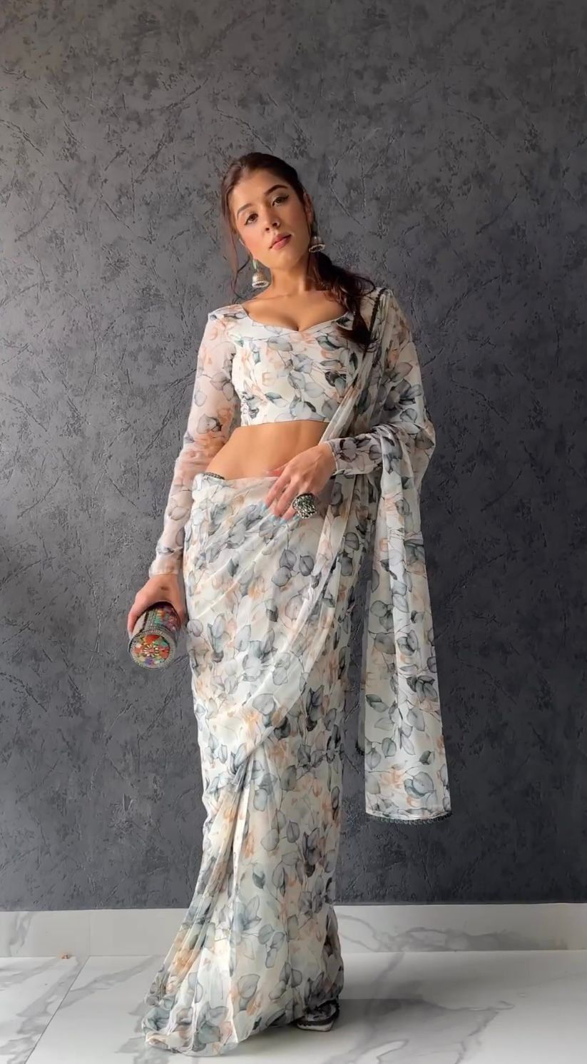 Trendy Ready To Wear White Digital Print Saree