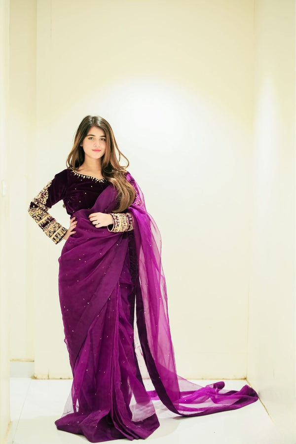 Fancy Moti Work Purple Saree With Velvet Full Work Blouse