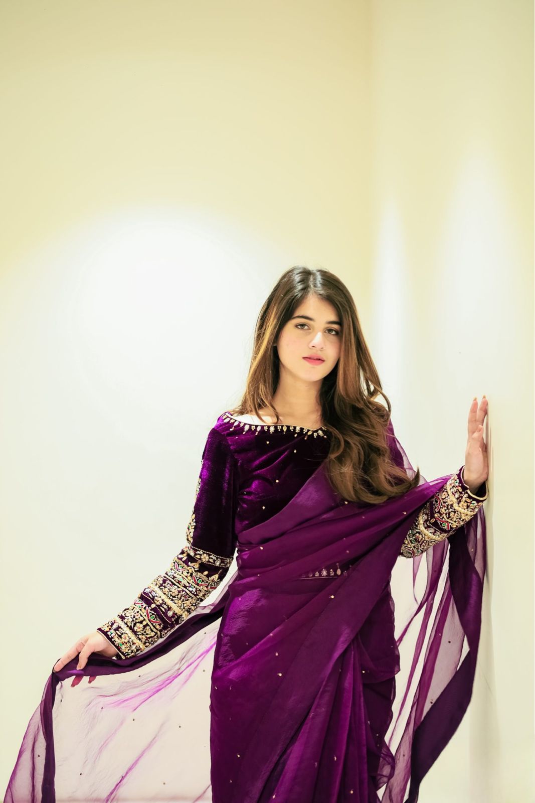 Fancy Moti Work Purple Saree With Velvet Full Work Blouse