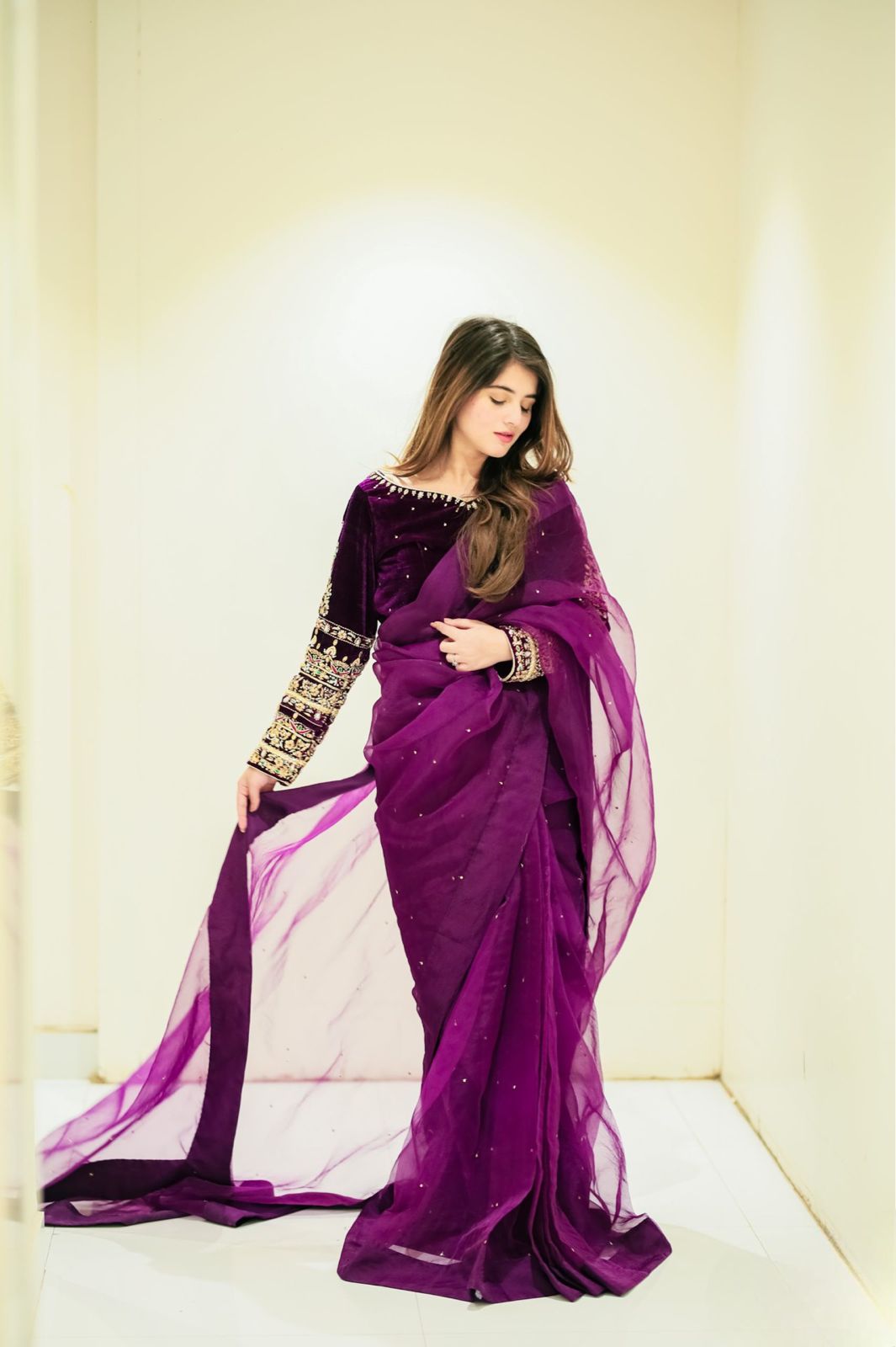 Fancy Moti Work Purple Saree With Velvet Full Work Blouse