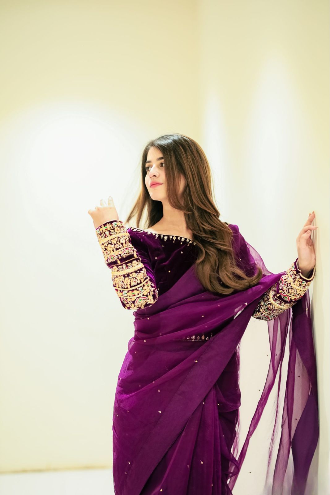 Fancy Moti Work Purple Saree With Velvet Full Work Blouse