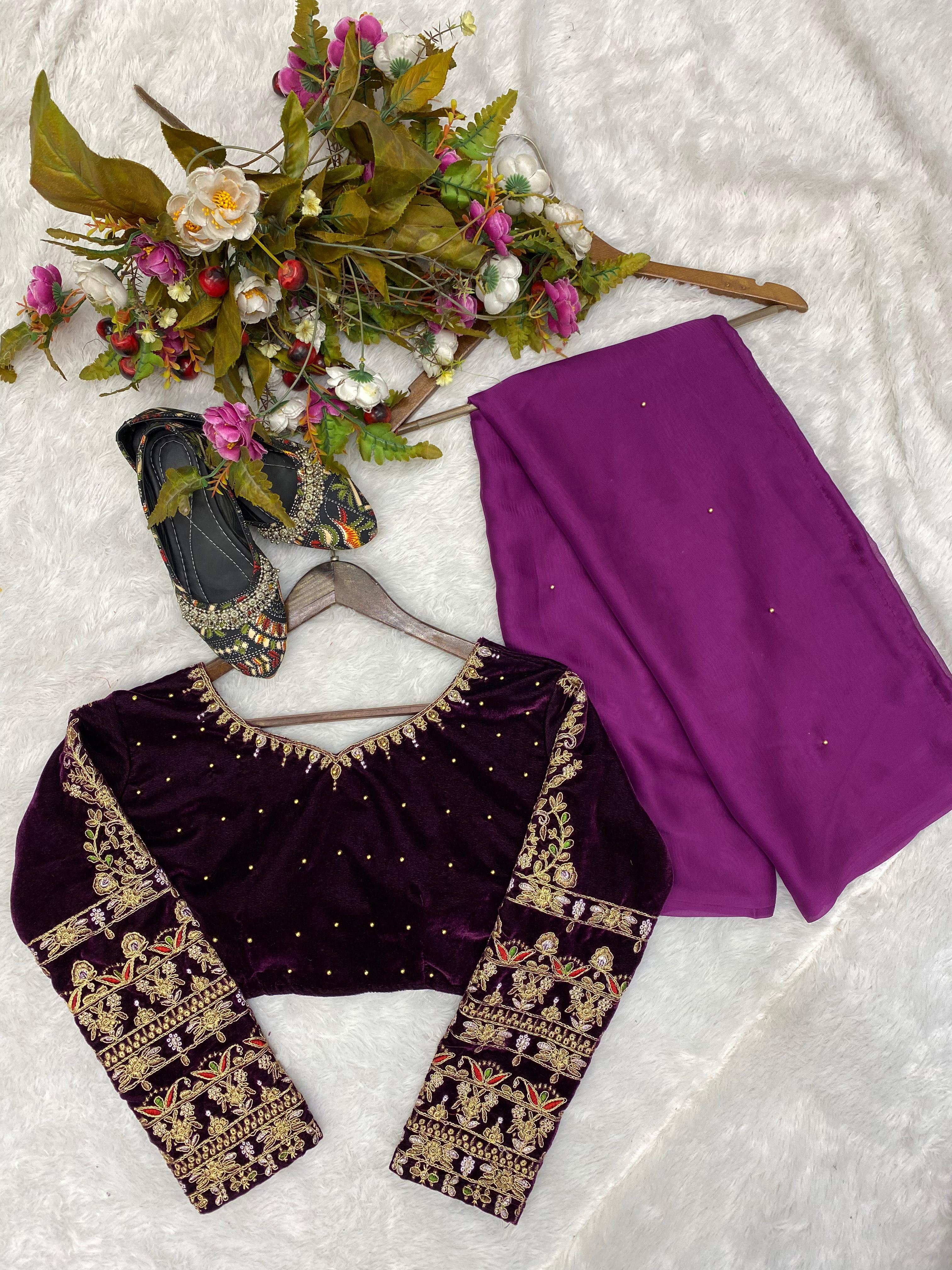 Fancy Moti Work Purple Saree With Velvet Full Work Blouse