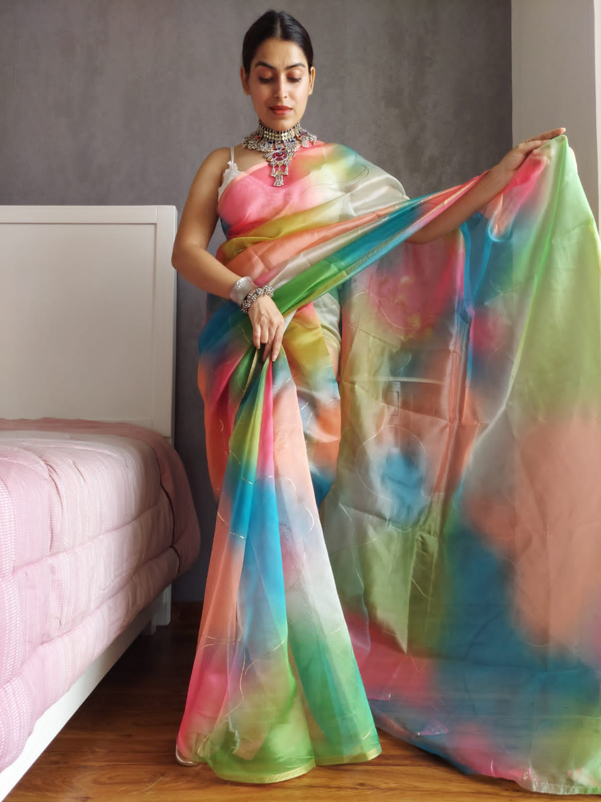 Luxuriant Organza Silk Multi Color Saree