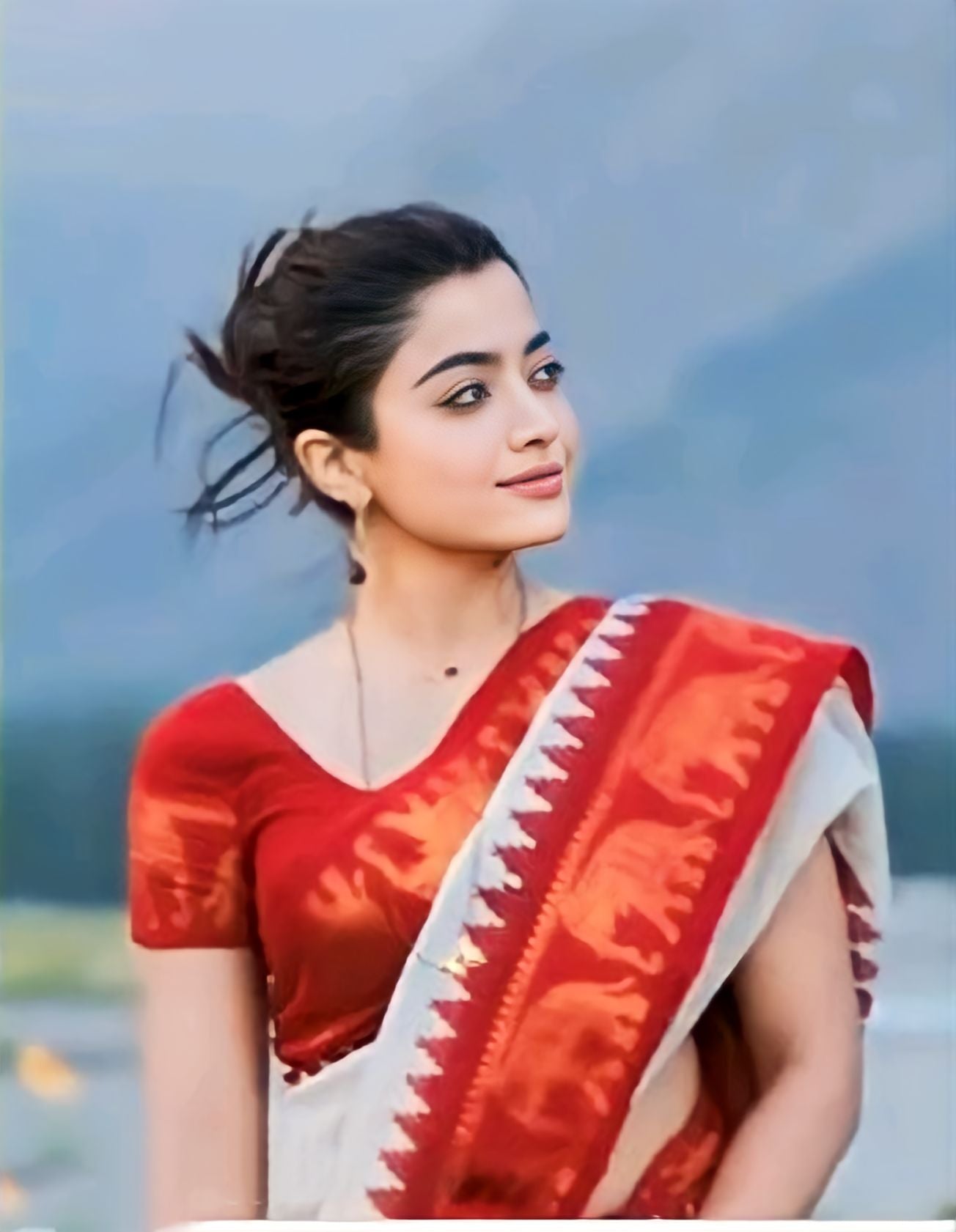 Classy Rashmika Mandanna Style Red And White Saree