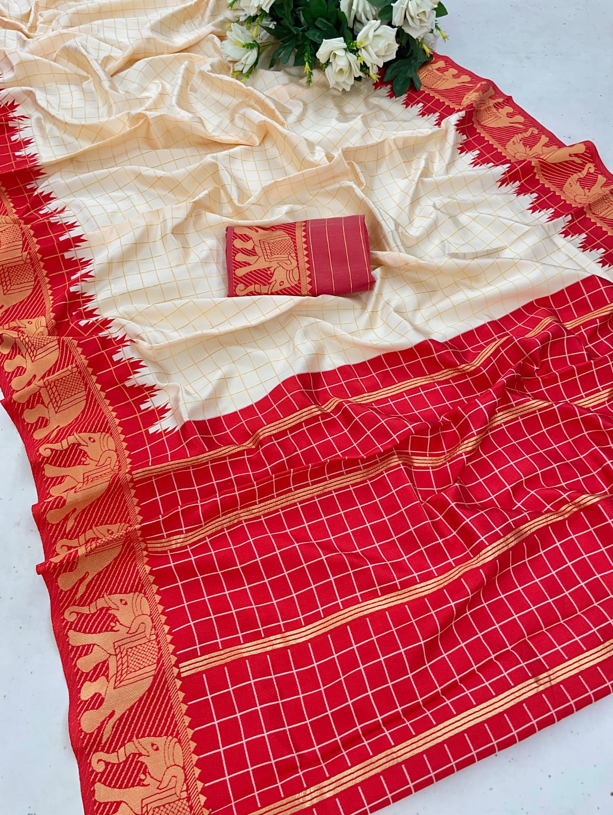 Classy Rashmika Mandanna Style Red And White Saree