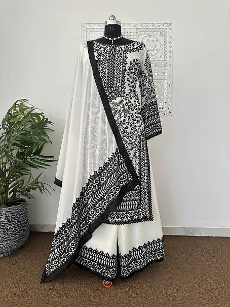 Black And White Color Embroidery Work Sharara Suit