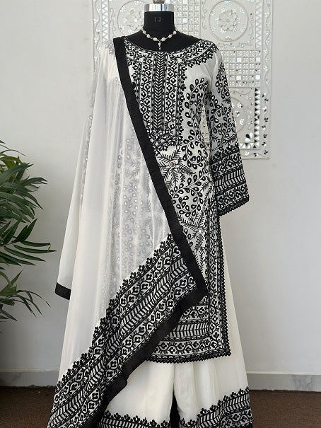 Black And White Color Embroidery Work Sharara Suit