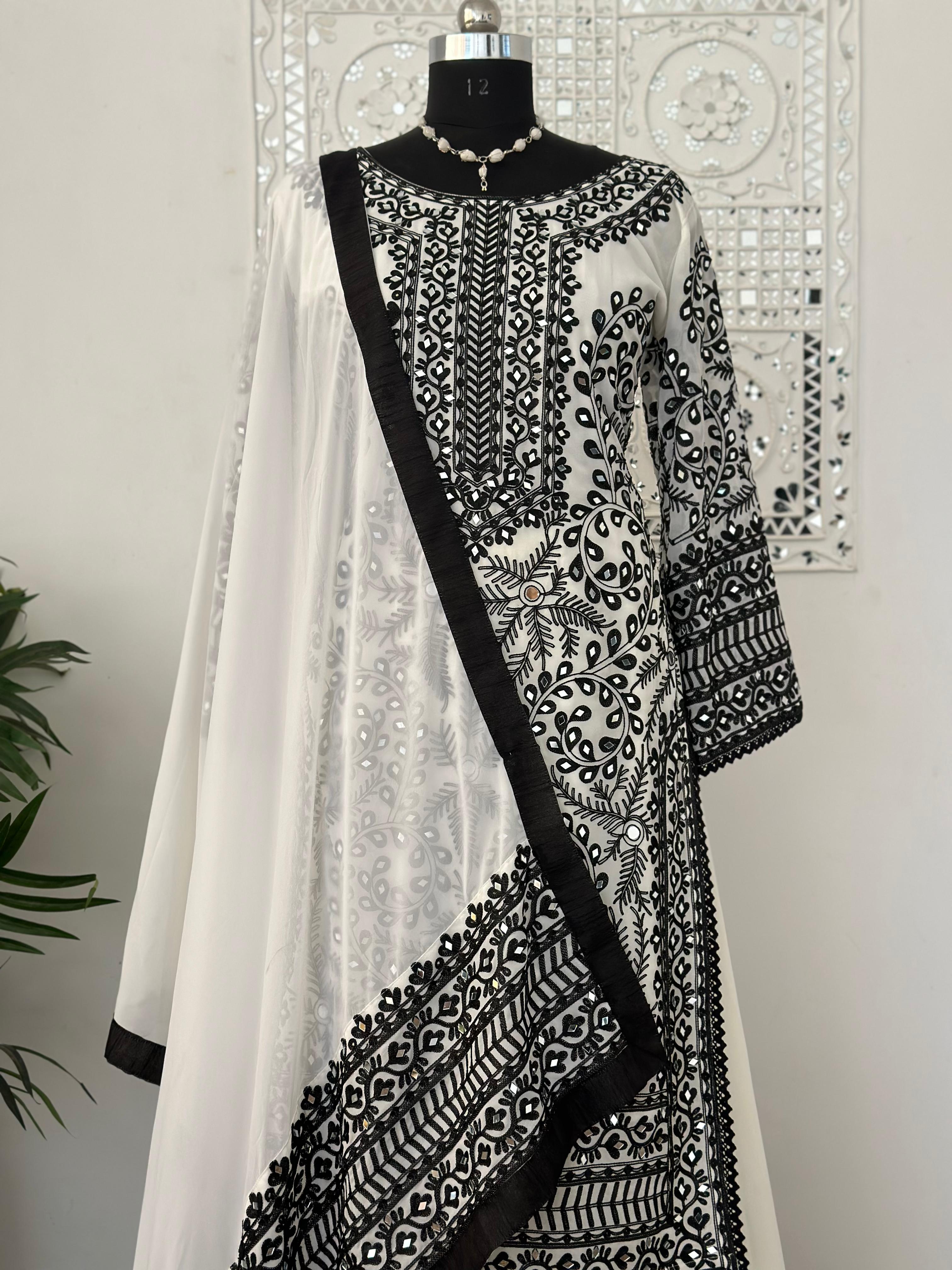 Black And White Color Embroidery Work Sharara Suit