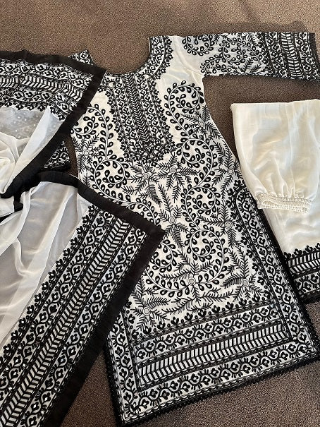 Black And White Color Embroidery Work Sharara Suit