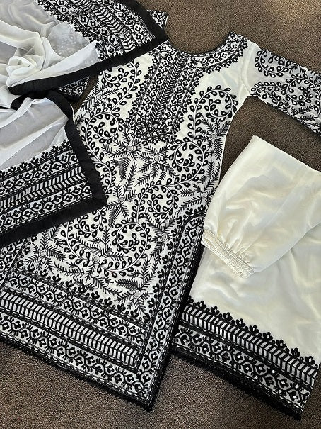 Black And White Color Embroidery Work Sharara Suit