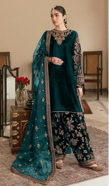 Heavy Work Green Color Velvet Punjabi Suit