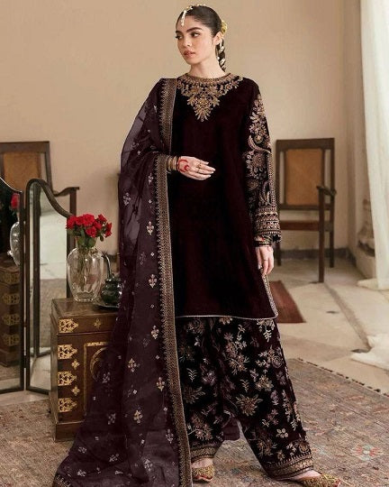 Heavy Work Wine Color Velvet Punjabi Suit