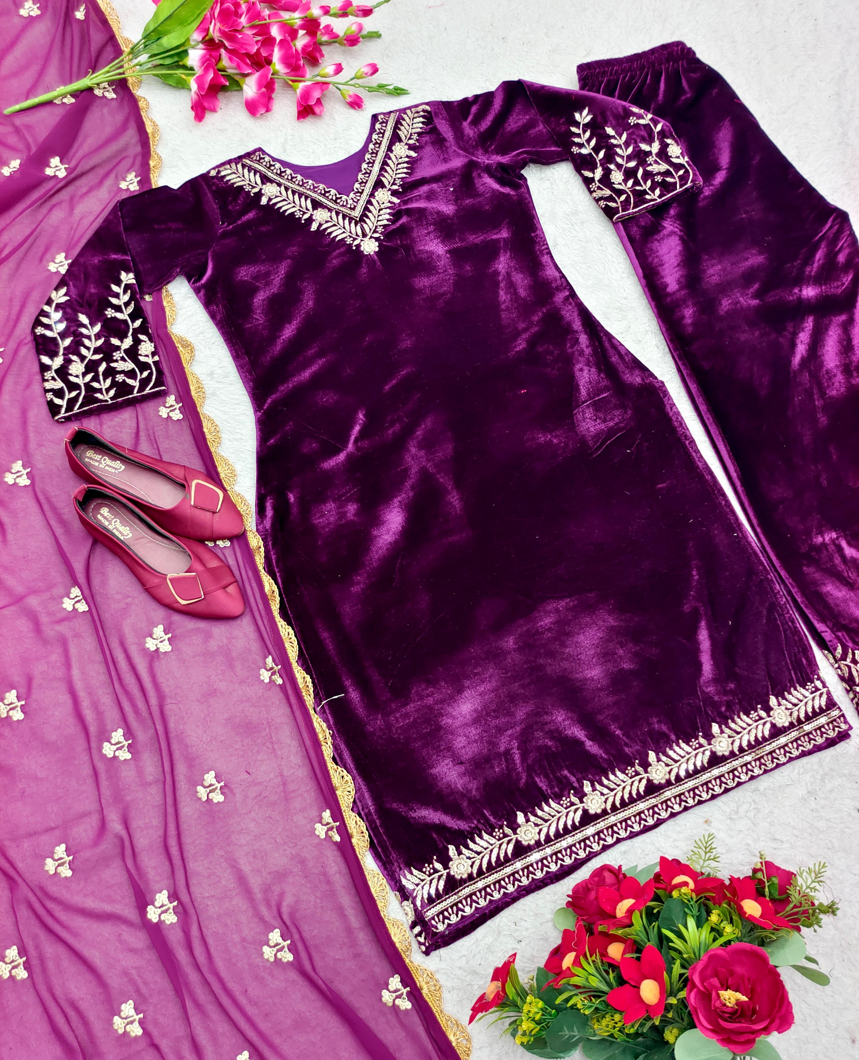 Mesmerizing Purple Color Velvet Palazzo suit