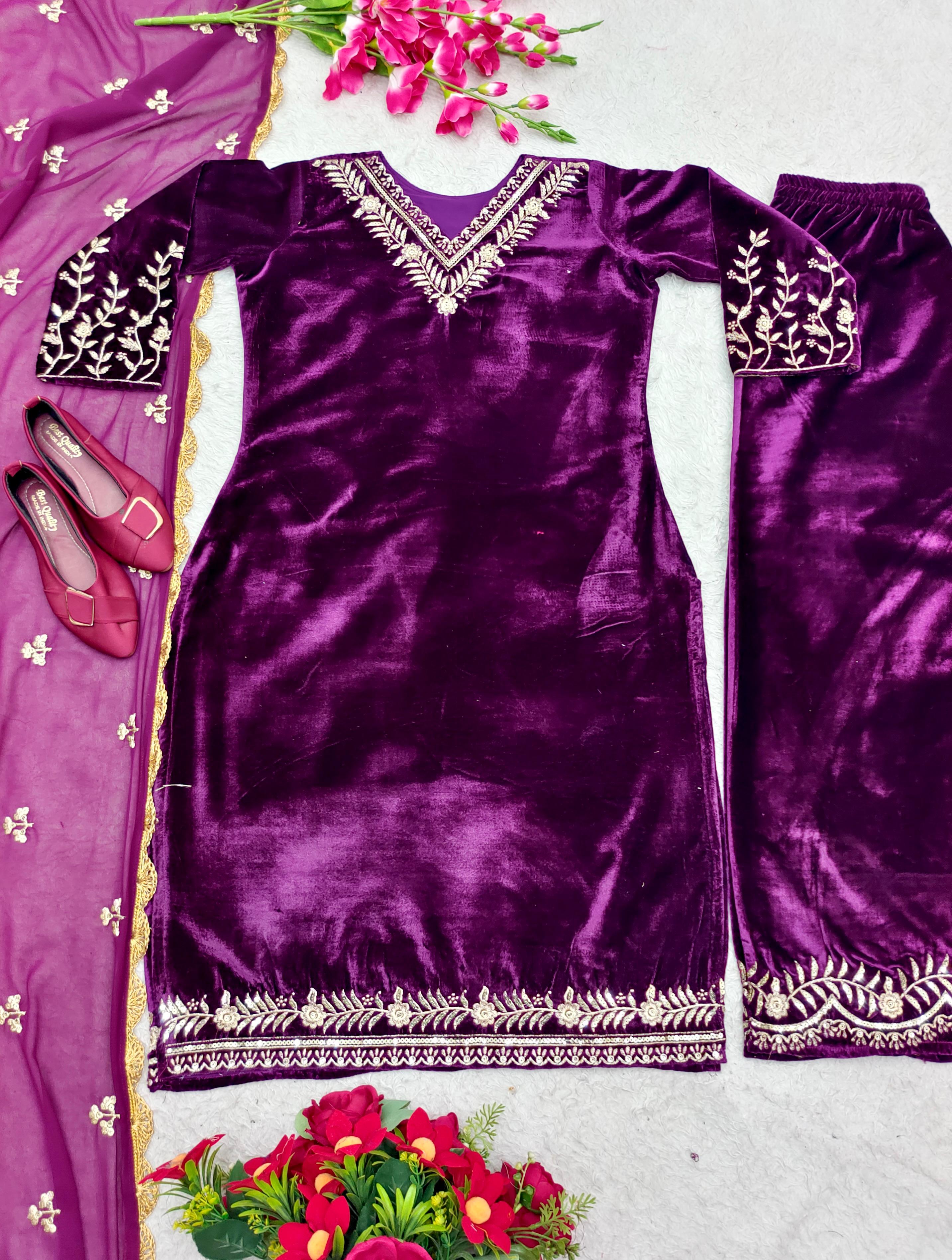 Mesmerizing Purple Color Velvet Palazzo suit