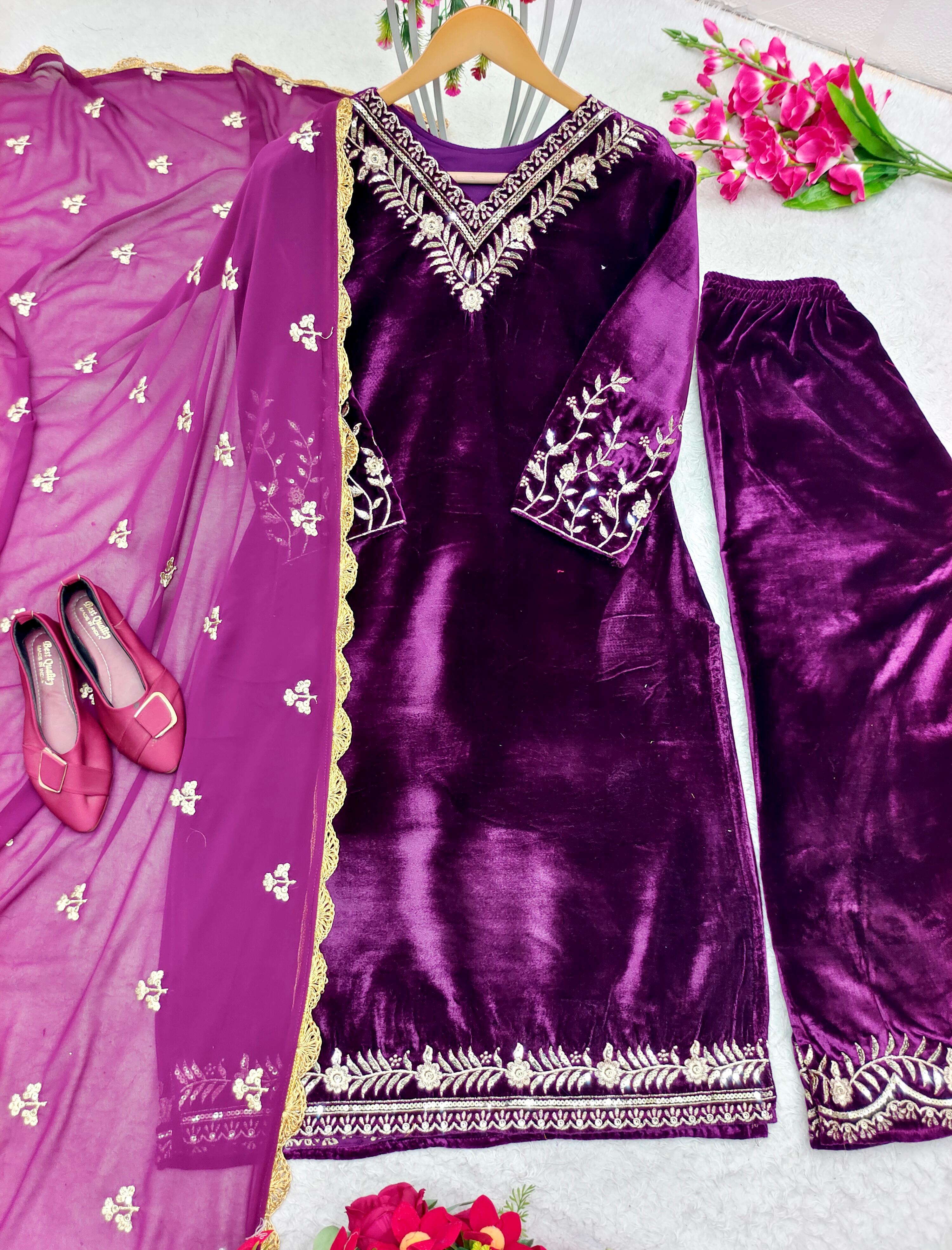 Mesmerizing Purple Color Velvet Palazzo suit