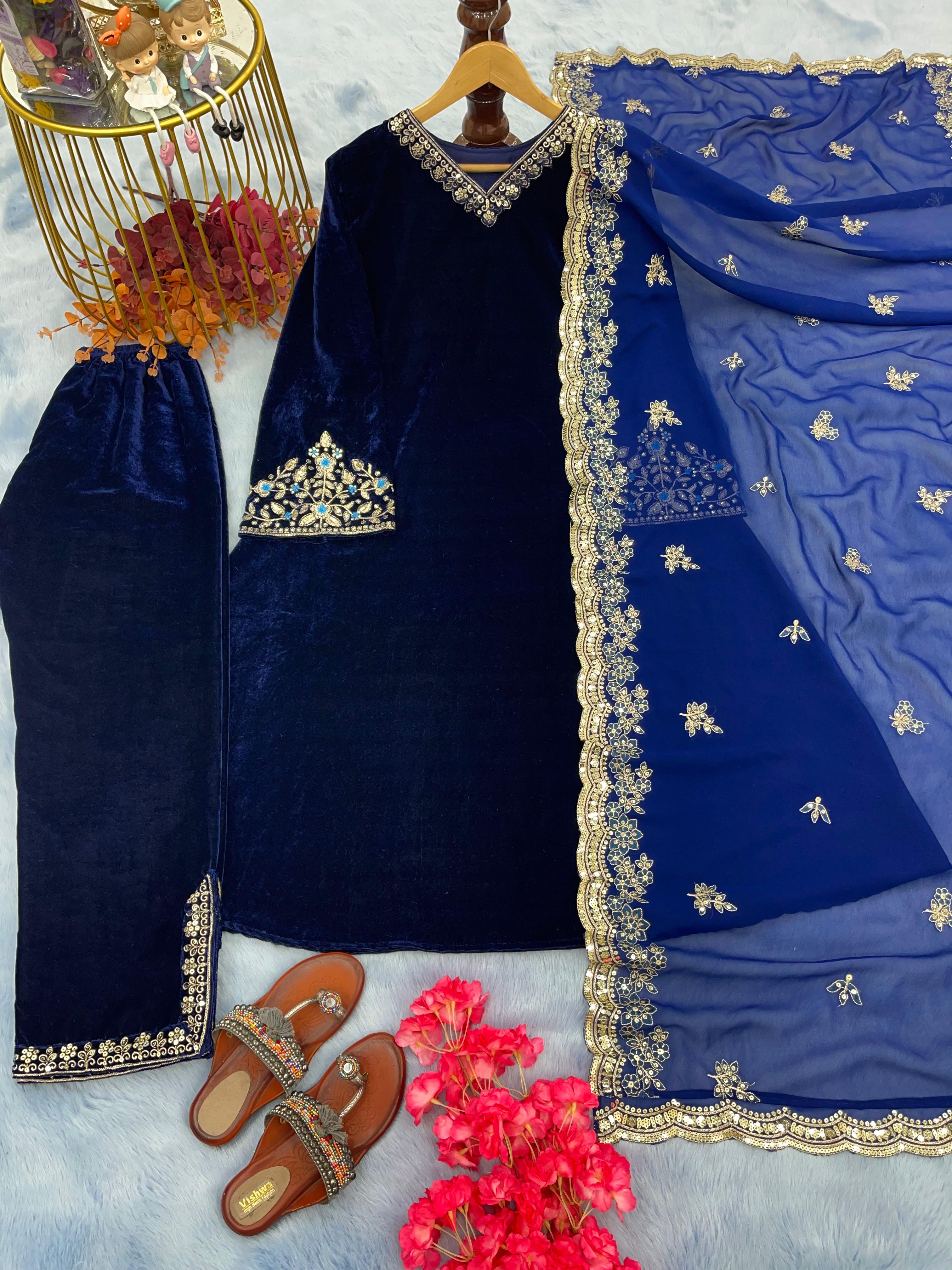 Designer Blue Color Velvet Full Work Salwar Suit