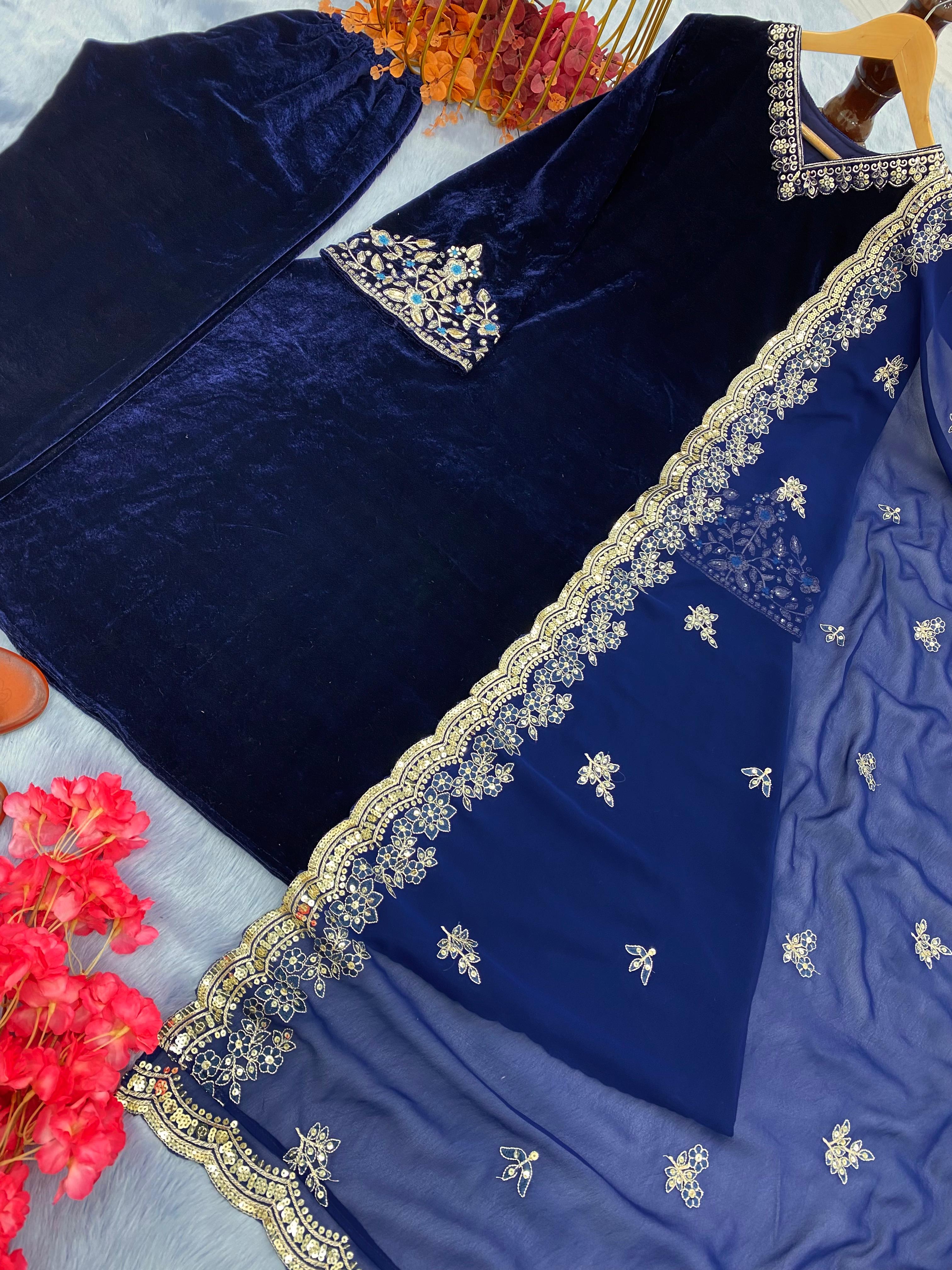 Designer Blue Color Velvet Full Work Salwar Suit