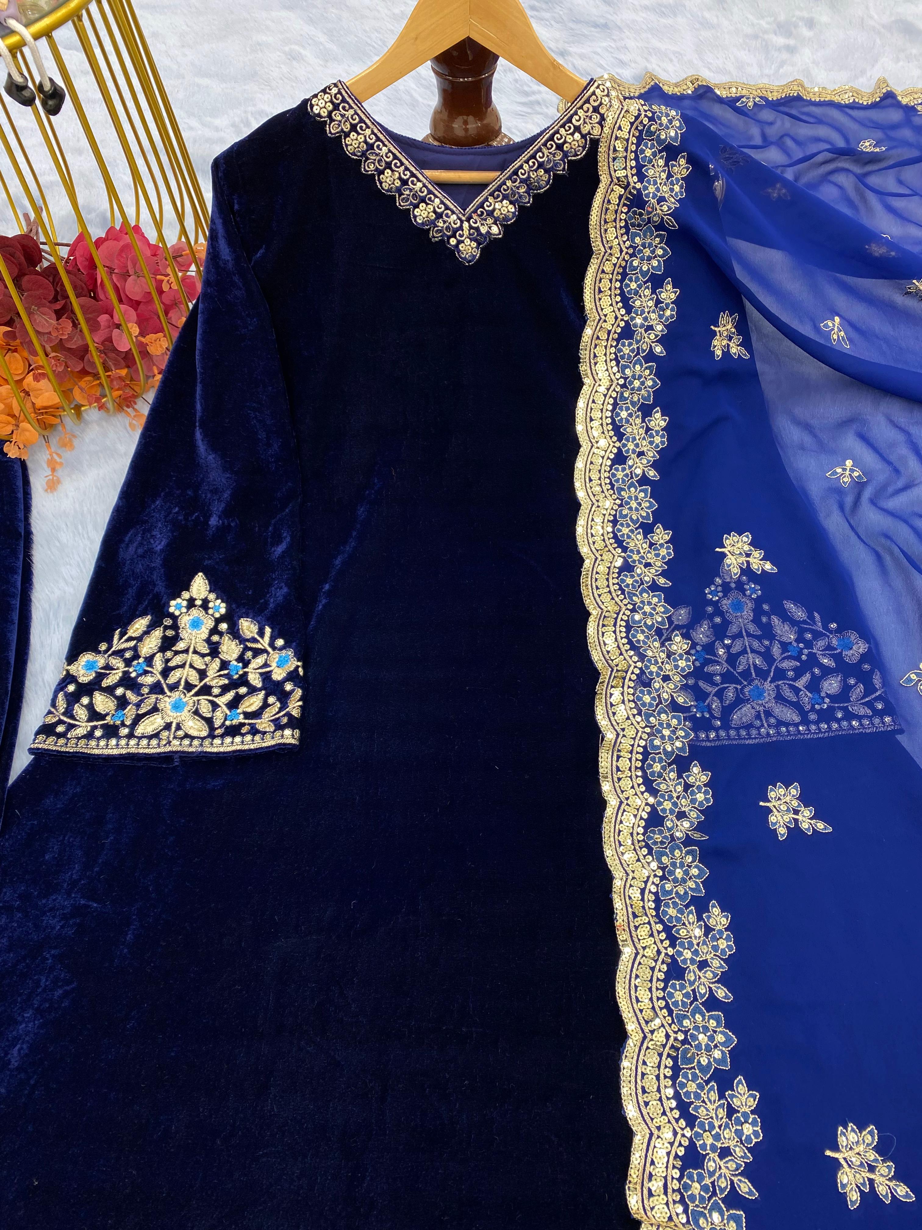 Designer Blue Color Velvet Full Work Salwar Suit