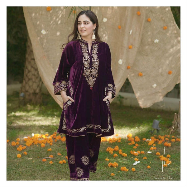 Outstanding Velvet Wine Color Palazzo Suit