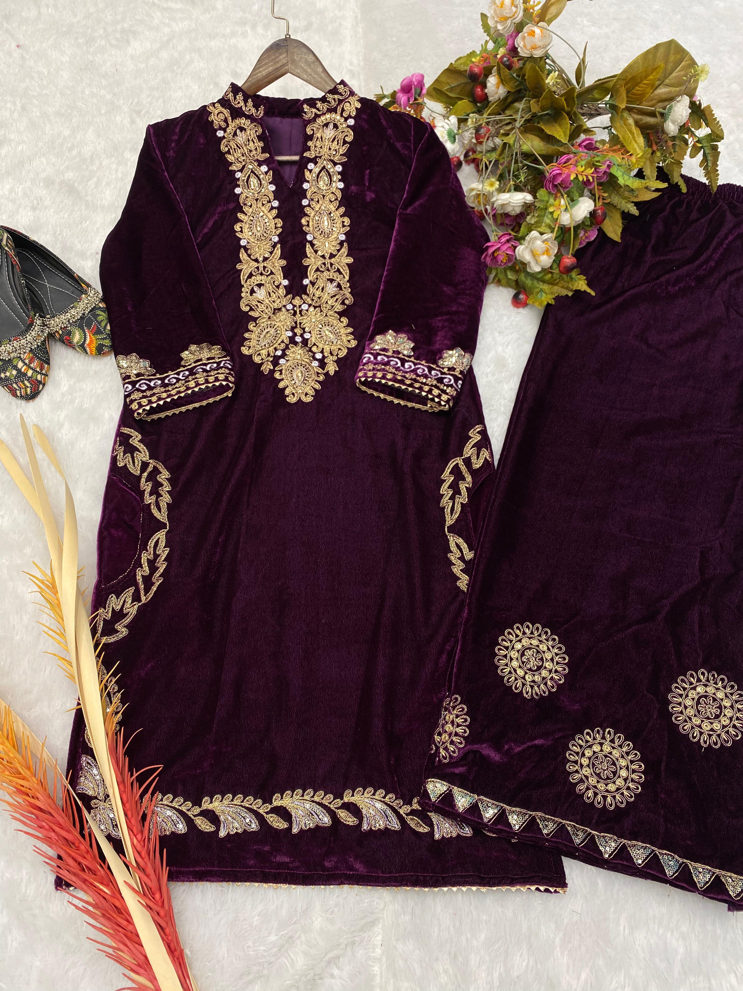 Outstanding Velvet Wine Color Palazzo Suit